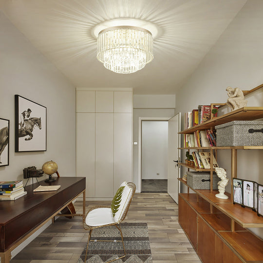 Modernist Drum Ceiling Lamp - Clear Crystal 12/16 Width Flush Mount Lighting For Living Room / 16