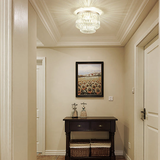 Modernist Drum Ceiling Lamp - Clear Crystal 12/16 Width Flush Mount Lighting For Living Room