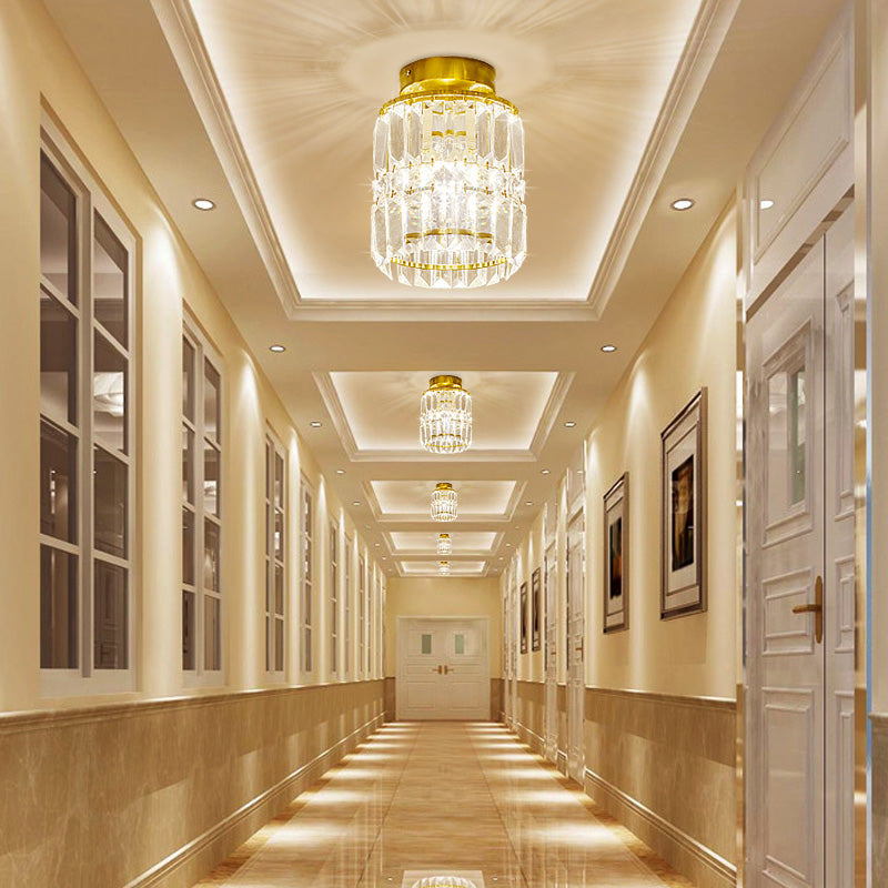 Modern Crystal Cylinder Semi-Flush Ceiling Light Fixture - Clear Shade For Corridor Mounting