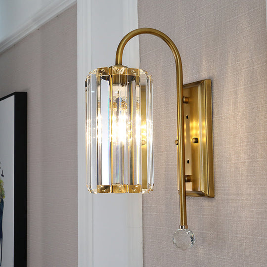 Vintage Gold Metal Gooseneck Wall Light With Clear Crystal Shade - Cylindrical 1/2-Bulb Sconce