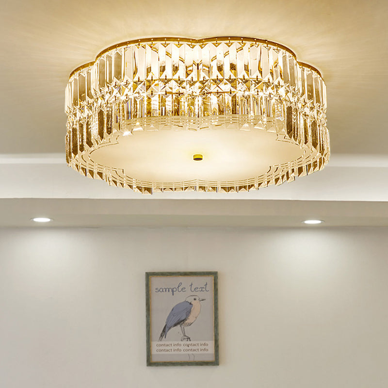 Golden Flower Flush Led Pendant Light With Modern Clear Crystal Design And Acrylic Diffuser -