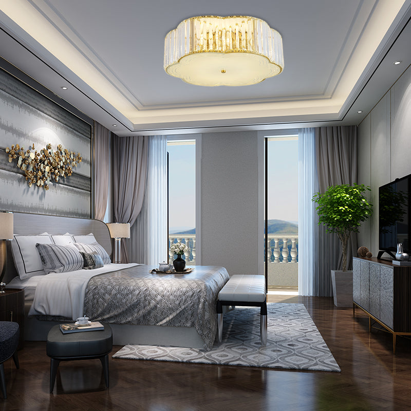 Golden Flower Flush Led Pendant Light With Modern Clear Crystal Design And Acrylic Diffuser -