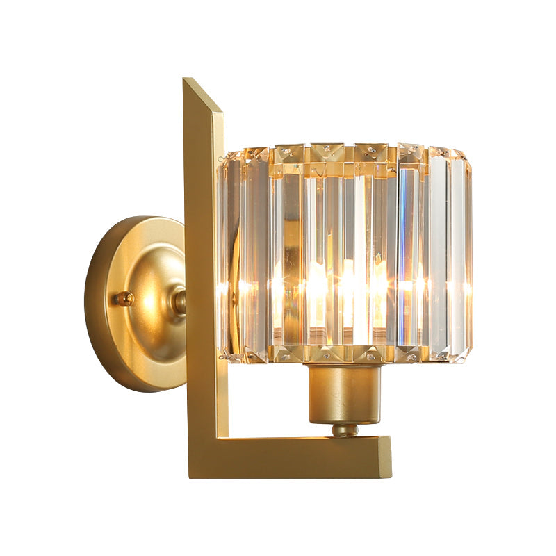 Contemporary Clear Crystal Drum Wall Sconce Lighting - Black/Gold 1 Light Lamp For Bedroom