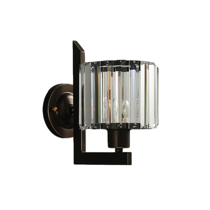 Contemporary Clear Crystal Drum Wall Sconce Lighting - Black/Gold 1 Light Lamp For Bedroom