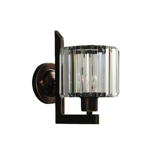 Contemporary Clear Crystal Drum Wall Sconce Lighting - Black/Gold 1 Light Lamp For Bedroom