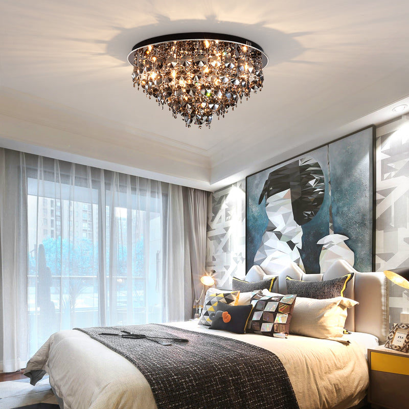 Vintage Smoke Gray Flush Mount Light With Crystal Bead Accents Warm Led Ceiling Lamp - 16/23.5 Width