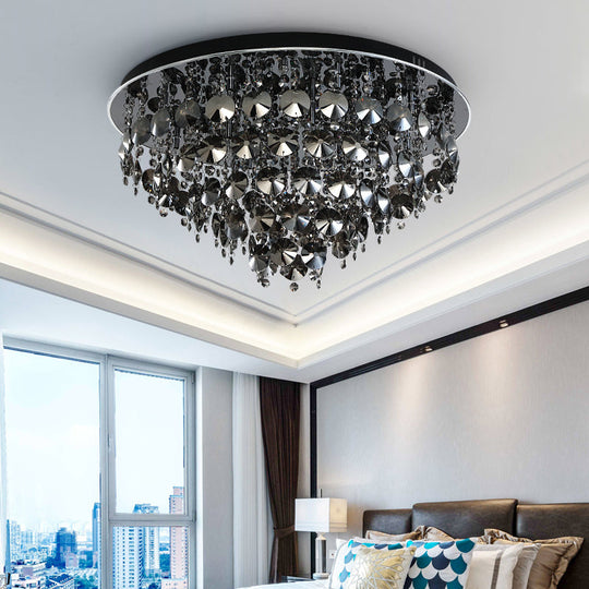 Vintage Smoke Gray Flush Mount Light With Crystal Bead Accents Warm Led Ceiling Lamp -