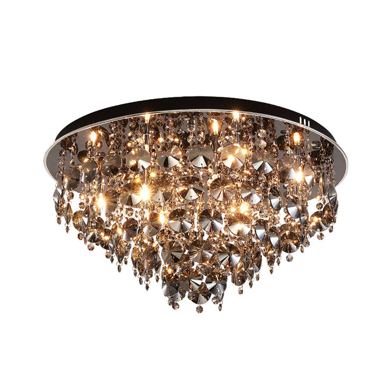 Vintage Smoke Gray Flush Mount Light With Crystal Bead Accents Warm Led Ceiling Lamp -