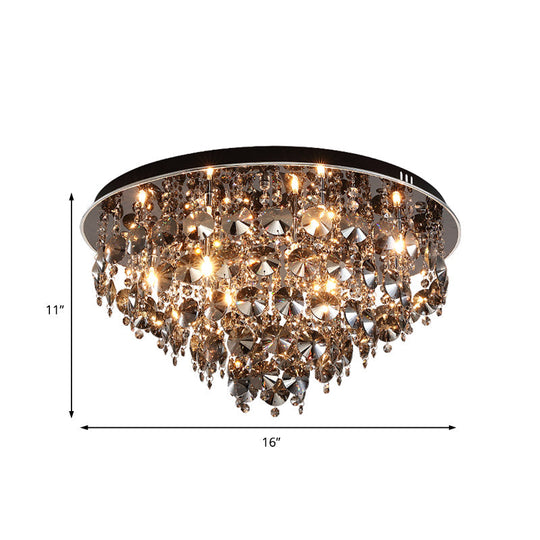 Vintage Smoke Gray Flush Mount Light With Crystal Bead Accents Warm Led Ceiling Lamp -