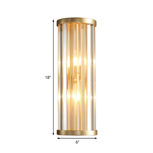 Metal Sconce Lighting: Modern Stylish 2-Light Cylinder Wall Fixture In Gold With Crystal Pipe