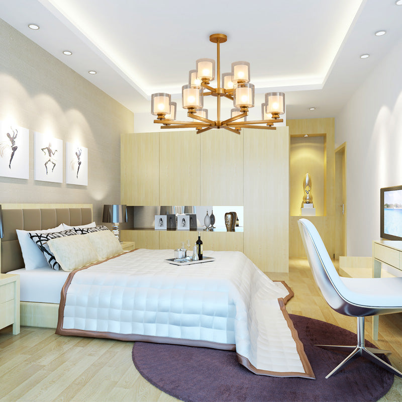 Modern 2-Tier White Glass Chandelier: Radial Design 12 Lights Black/Gold/Silver Gold