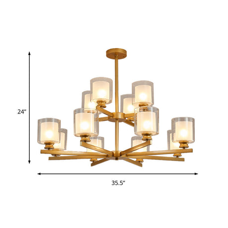 Modern 2-Tier White Glass Chandelier: Radial Design 12 Lights Black/Gold/Silver