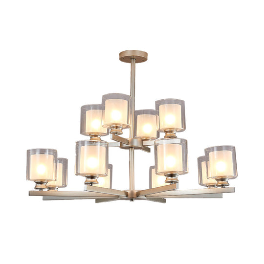 Modernist 2-Tier White Glass Chandelier With Radial Design - 12 Lights: Black/Gold/Silver Hanging