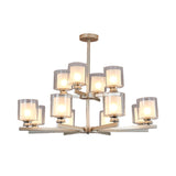 Modern 2-Tier White Glass Chandelier: Radial Design 12 Lights Black/Gold/Silver
