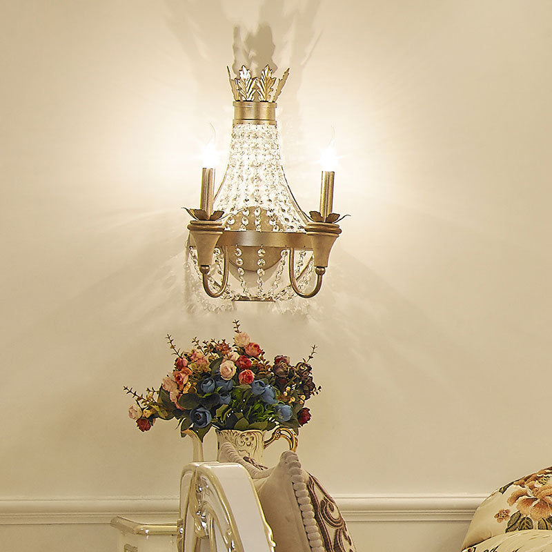 Vintage Empire Wall Light With Clear Crystal Bead And Champagne Finish - 2 Lights