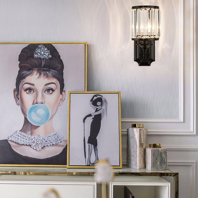 Modern Metallic Cylinder Wall Lamp: 1 Light Sconce With Clear Crystal Prism In Black For Corridor