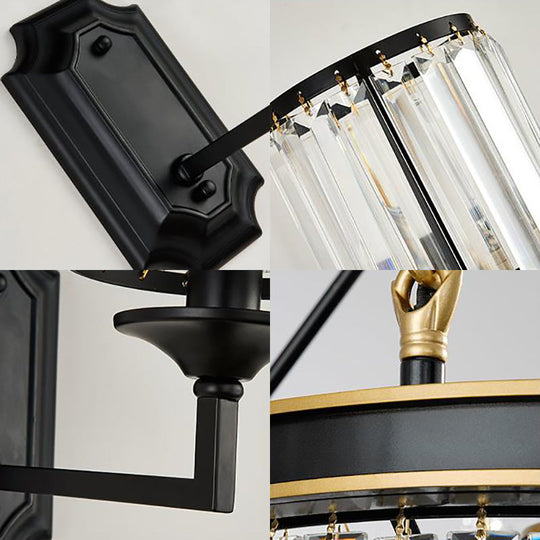 Modern Metallic Cylinder Wall Lamp: 1 Light Sconce With Clear Crystal Prism In Black For Corridor
