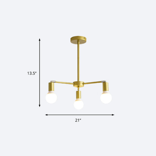 Gold Radial Metal Chandelier With Hanging Lights For Bedroom - Modern Design Bare Bulb