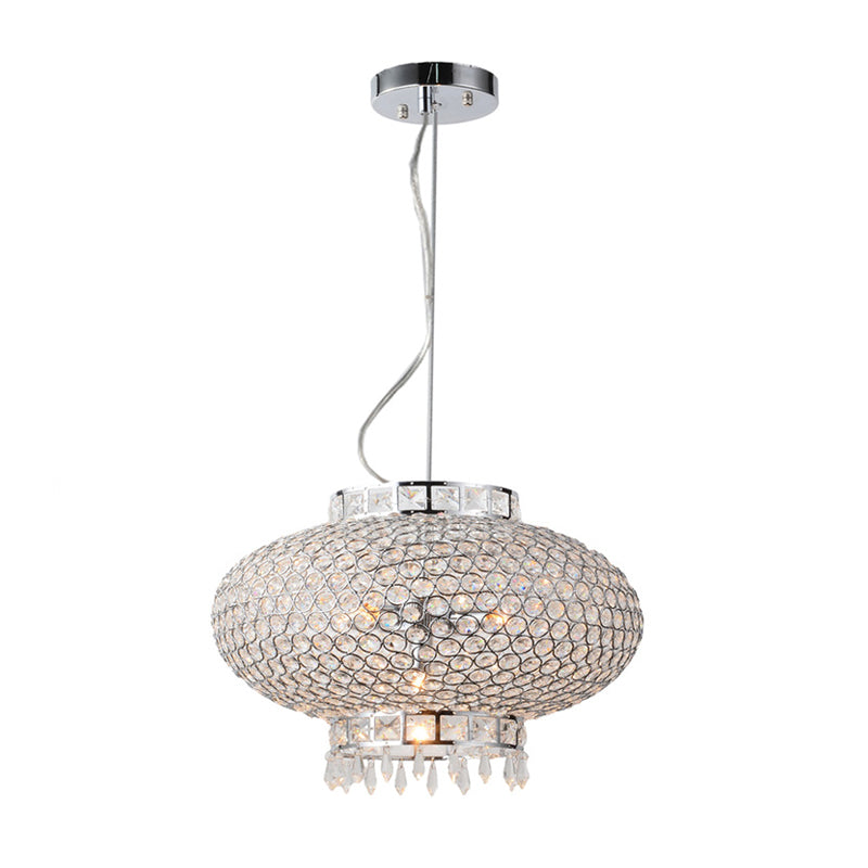 Contemporary Chrome Lantern Chandelier With Clear Crystal Beads - 4-Light Metal Hanging Light