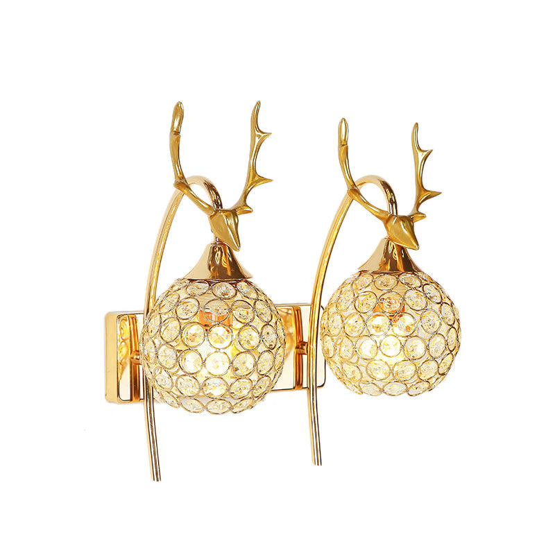 Lodge Style Metal Deer Head Wall Sconce: 1/2-Bulb Mount Light With Crystal Dome Shade In Chrome/Gold