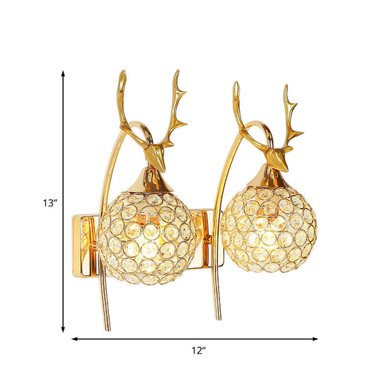 Lodge Style Metal Deer Head Wall Sconce: 1/2-Bulb Mount Light With Crystal Dome Shade In Chrome/Gold