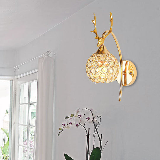 Lodge Style Metal Deer Head Wall Sconce: 1/2-Bulb Mount Light With Crystal Dome Shade In Chrome/Gold