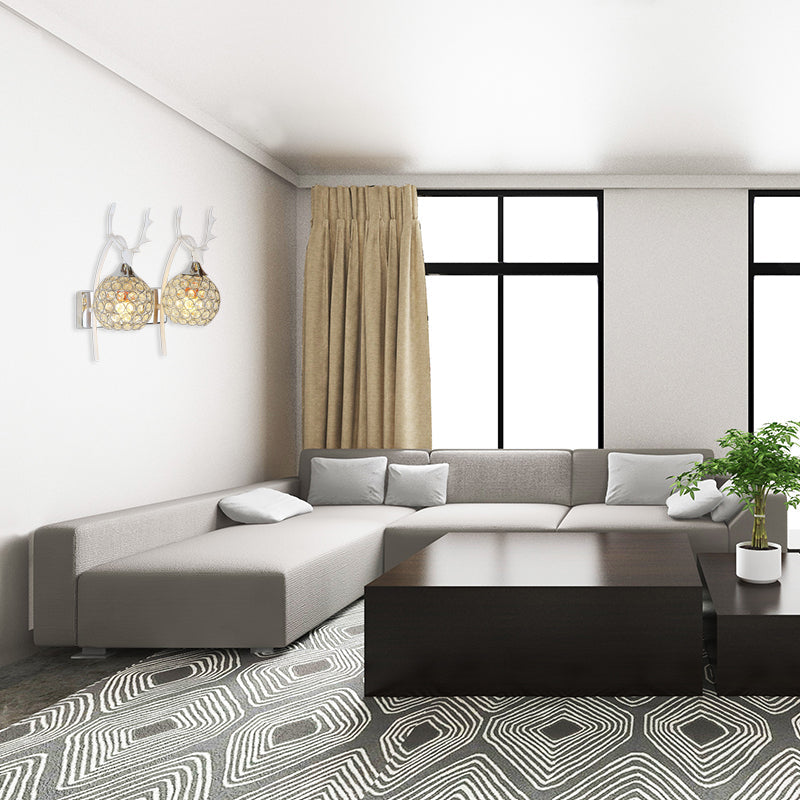 Lodge Style Metal Deer Head Wall Sconce: 1/2-Bulb Mount Light With Crystal Dome Shade In Chrome/Gold