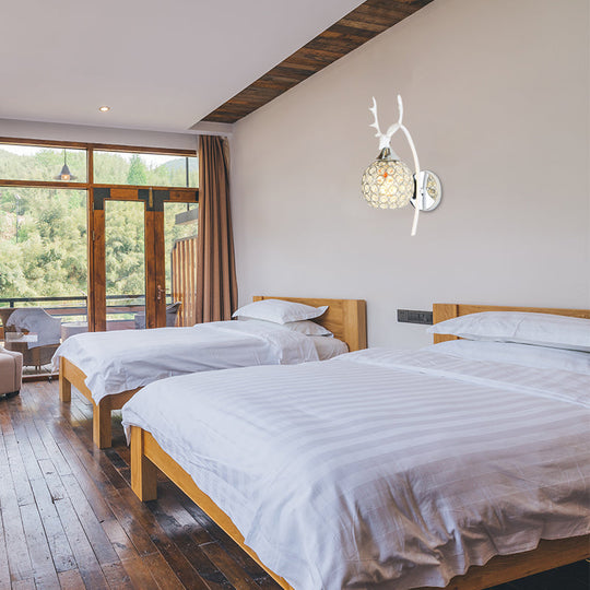 Lodge Style Metal Deer Head Wall Sconce: 1/2-Bulb Mount Light With Crystal Dome Shade In Chrome/Gold