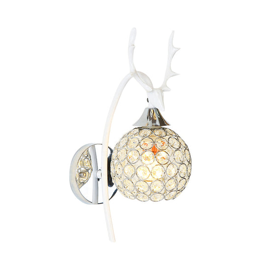 Lodge Style Metal Deer Head Wall Sconce: 1/2-Bulb Mount Light With Crystal Dome Shade In Chrome/Gold