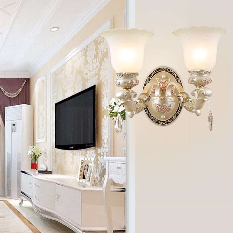 Vintage Petal Glass Wall Sconce With Ivory Carved Backplate For Living Room