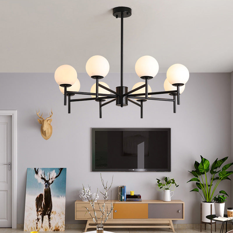 Lustre Globe Contemporain Noir/Or avec Design Radial - 6/8/9 Lumières, Lampe à Suspension en Verre de Lait