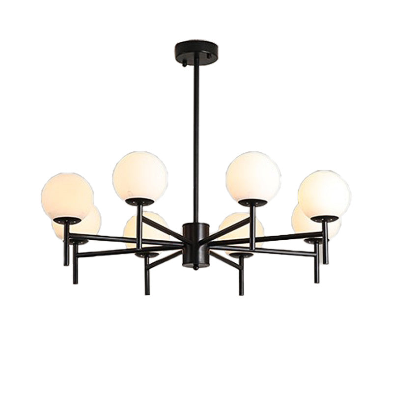 Lustre Globe Contemporain Noir/Or avec Design Radial - 6/8/9 Lumières, Lampe à Suspension en Verre de Lait