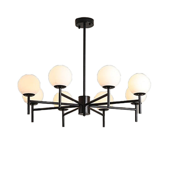 Lustre Globe Contemporain Noir/Or avec Design Radial - 6/8/9 Lumières, Lampe à Suspension en Verre de Lait