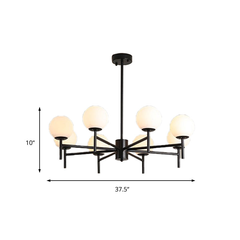 Lustre Globe Contemporain Noir/Or avec Design Radial - 6/8/9 Lumières, Lampe à Suspension en Verre de Lait