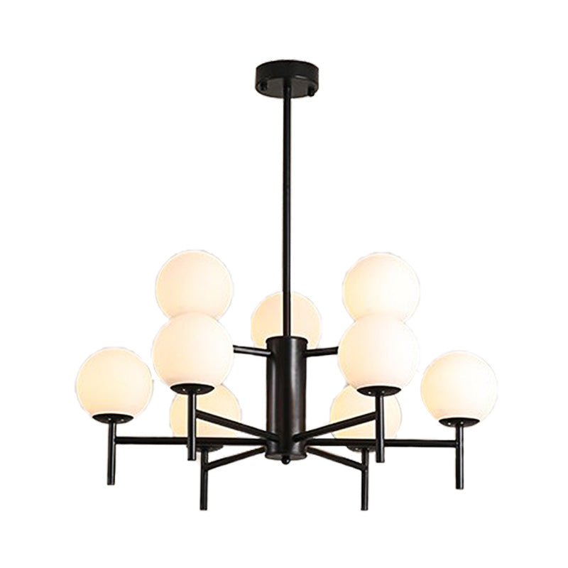 Lustre Globe Contemporain Noir/Or avec Design Radial - 6/8/9 Lumières, Lampe à Suspension en Verre de Lait