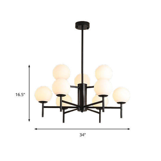 Lustre Globe Contemporain Noir/Or avec Design Radial - 6/8/9 Lumières, Lampe à Suspension en Verre de Lait