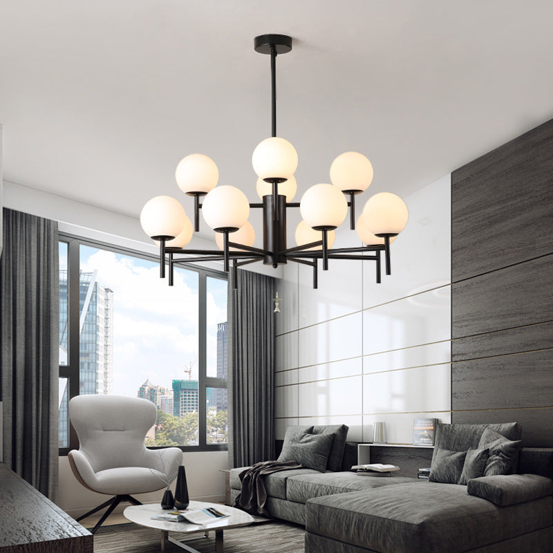 Lustre Globe Contemporain Noir/Or avec Design Radial - 6/8/9 Lumières, Lampe à Suspension en Verre de Lait