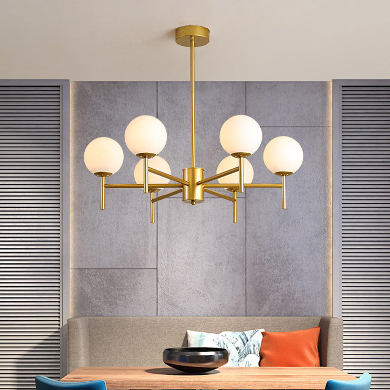 Lustre Globe Contemporain Noir/Or avec Design Radial - 6/8/9 Lumières, Lampe à Suspension en Verre de Lait