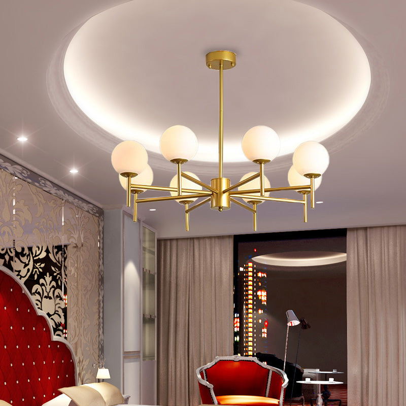 Lustre Globe Contemporain Noir/Or avec Design Radial - 6/8/9 Lumières, Lampe à Suspension en Verre de Lait