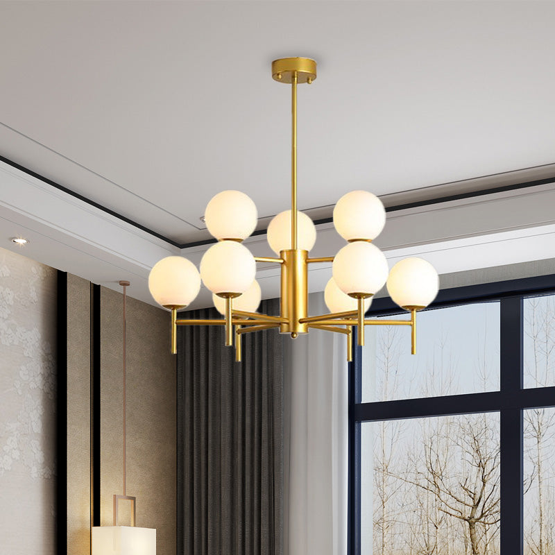 Lustre Globe Contemporain Noir/Or avec Design Radial - 6/8/9 Lumières, Lampe à Suspension en Verre de Lait