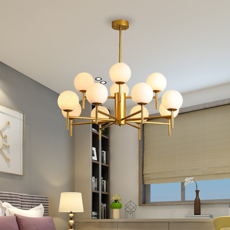 Lustre Globe Contemporain Noir/Or avec Design Radial - 6/8/9 Lumières, Lampe à Suspension en Verre de Lait
