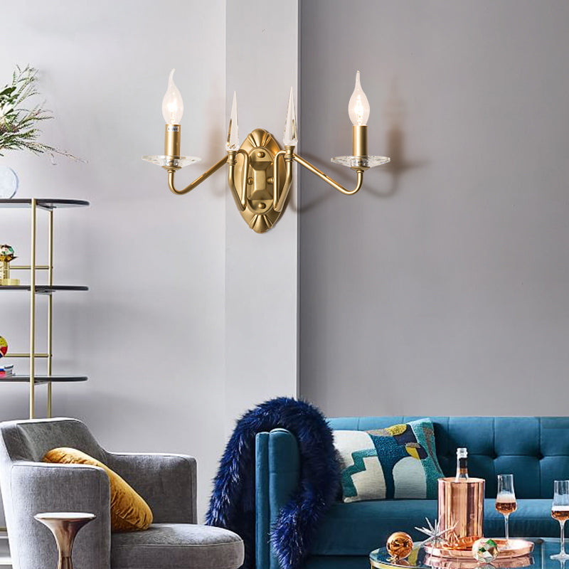 Iron Candle Wall Light Sconce With Crystal Decoration - Modern 2 Head Gold Finish