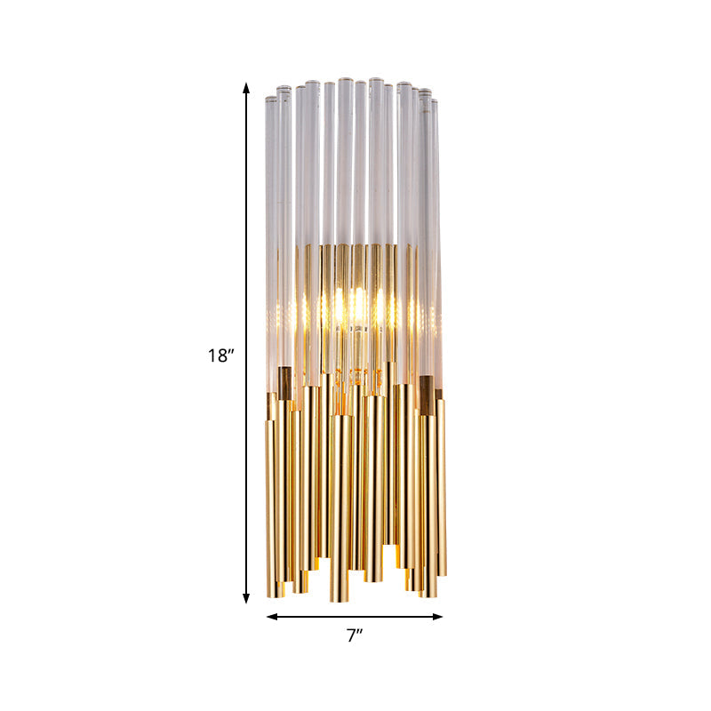 Modernist Metal Led Wall Sconce Light With Crystal Prism: Cylinder Fixture In Brass/Gold
