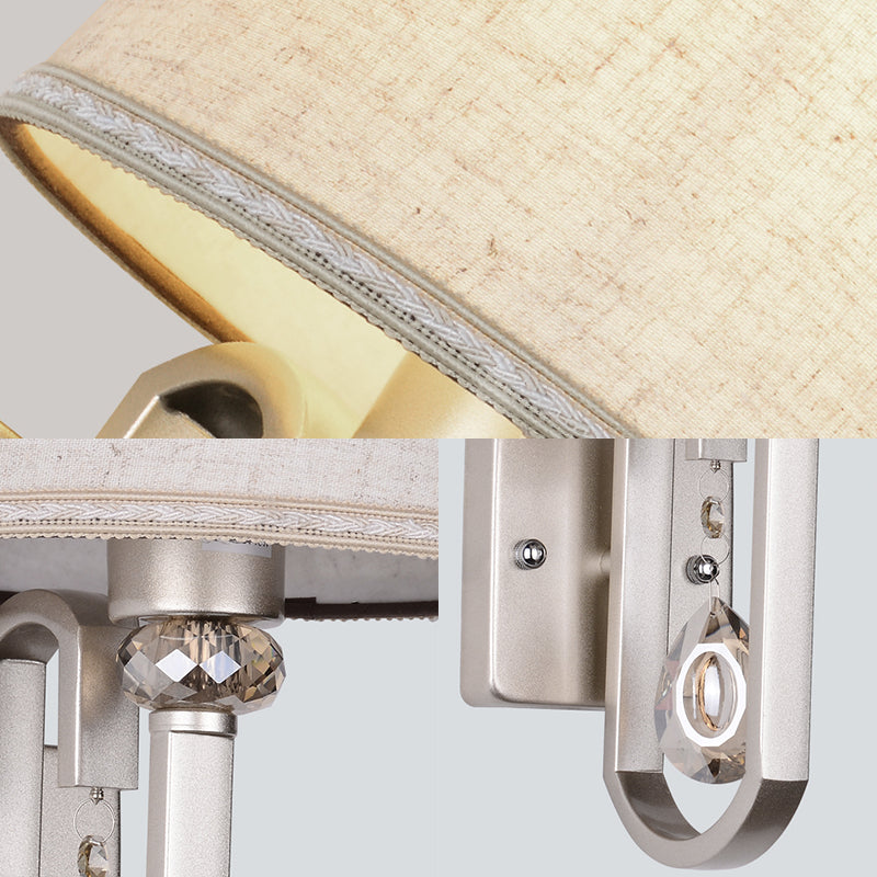 Modern Wall Sconce With Fabric Drum Shade And Silver Metal Backplate