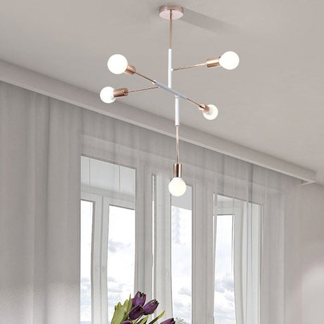 Rectilinear Metal Chandelier - Modern 5-Light White/Black Hanging Ceiling Light With Bare Bulb For