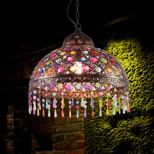 Bohemia Dome Pendant Light - Rustic Aged Brass With Crystal Bead Accent Ideal For Restaurants