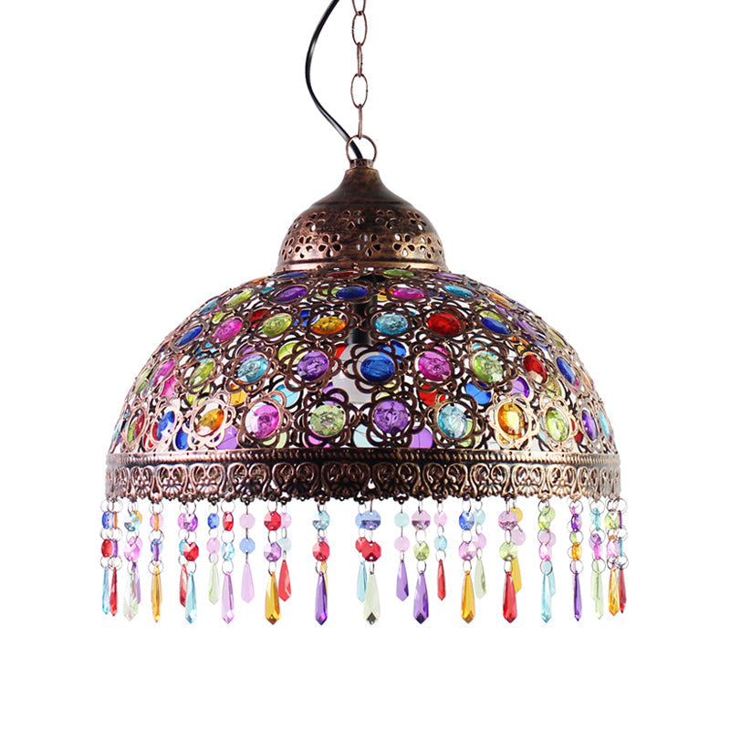 Boho Dome Pendant Light - Metal 1-Bulb Aged Brass/Rust Hanging Lamp With Crystal Bead For