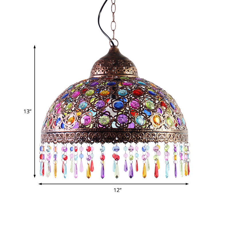 Bohemia Dome Pendant Light - Rustic Aged Brass With Crystal Bead Accent Ideal For Restaurants