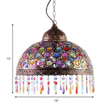 Boho Dome Pendant Light - Metal 1-Bulb Aged Brass/Rust Hanging Lamp With Crystal Bead For