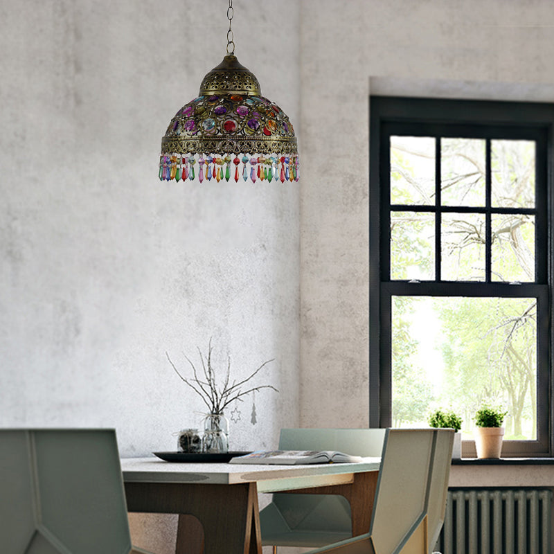 Bohemia Dome Pendant Light - Rustic Aged Brass With Crystal Bead Accent Ideal For Restaurants